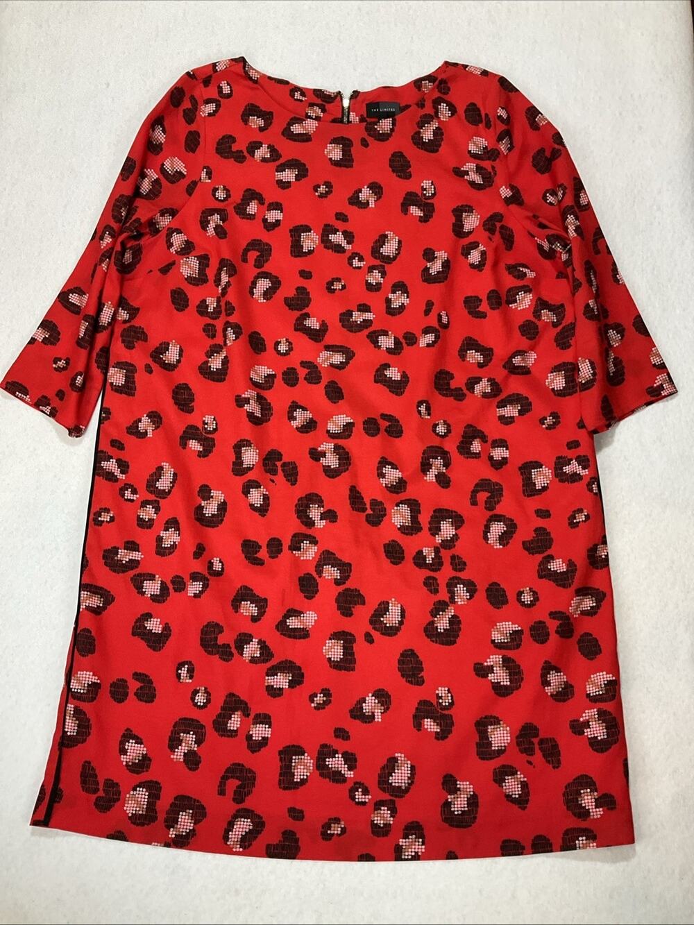 The Limited Women's XL Red Leopard Print Shift Dress 3/4 Sleeve Gold Zip Back